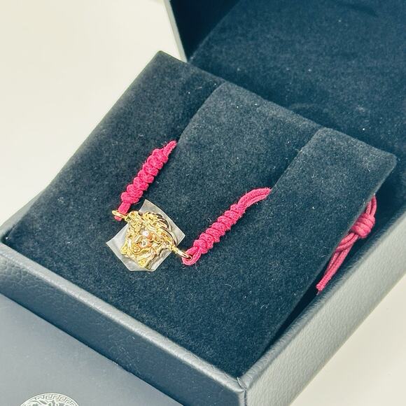 NIB Versace Medusa Head Gold Tone Pink Cord Adjustable Bracelet - Picture 6 of 6